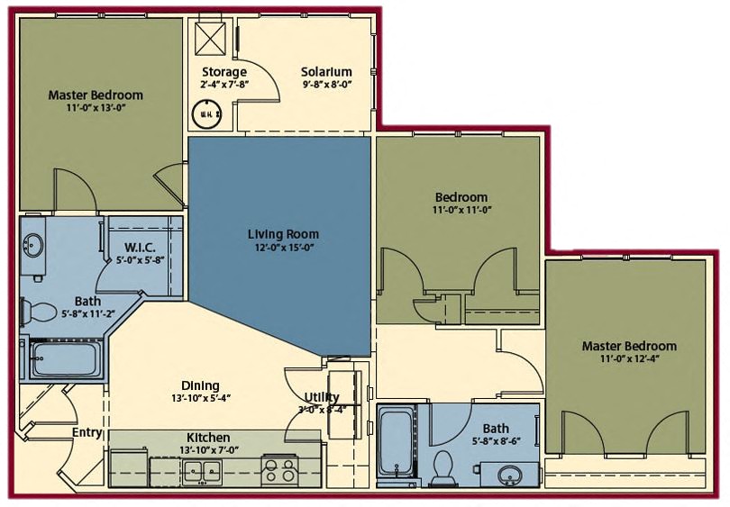 Floor plan for 3 beds, 2 baths, 1235 sqft
